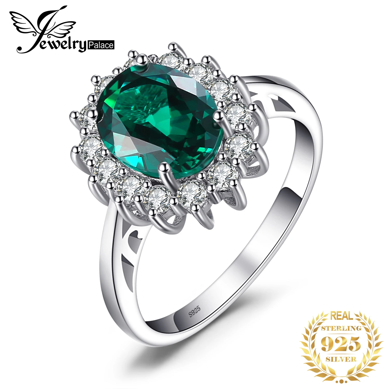 

JewelryPalace Princess Diana Simulated Green Emerald Engagement Ring Kate Middleton Crown 925 Sterling Silver Ring for Women
