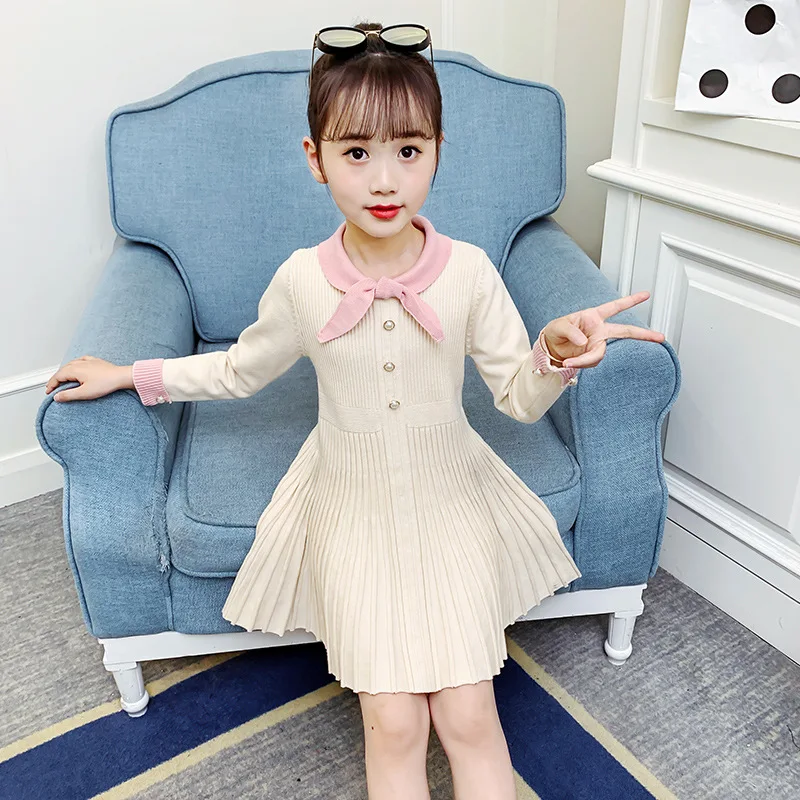 

Sweaters Knit Autumn Girl Clothes Kids Dresses For Girls Winter 2021 New School Pleated Dress Children Sweater School White Pink