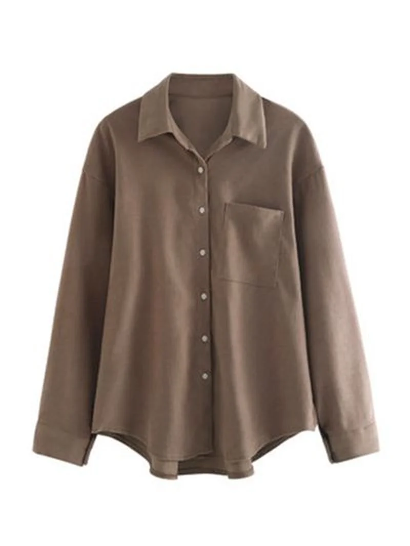 

Houthion New Long-sleeved Women's Blouse Blended Cotton Polo Collar Shirt Casual Solid Color Plus Size Fashion Tops