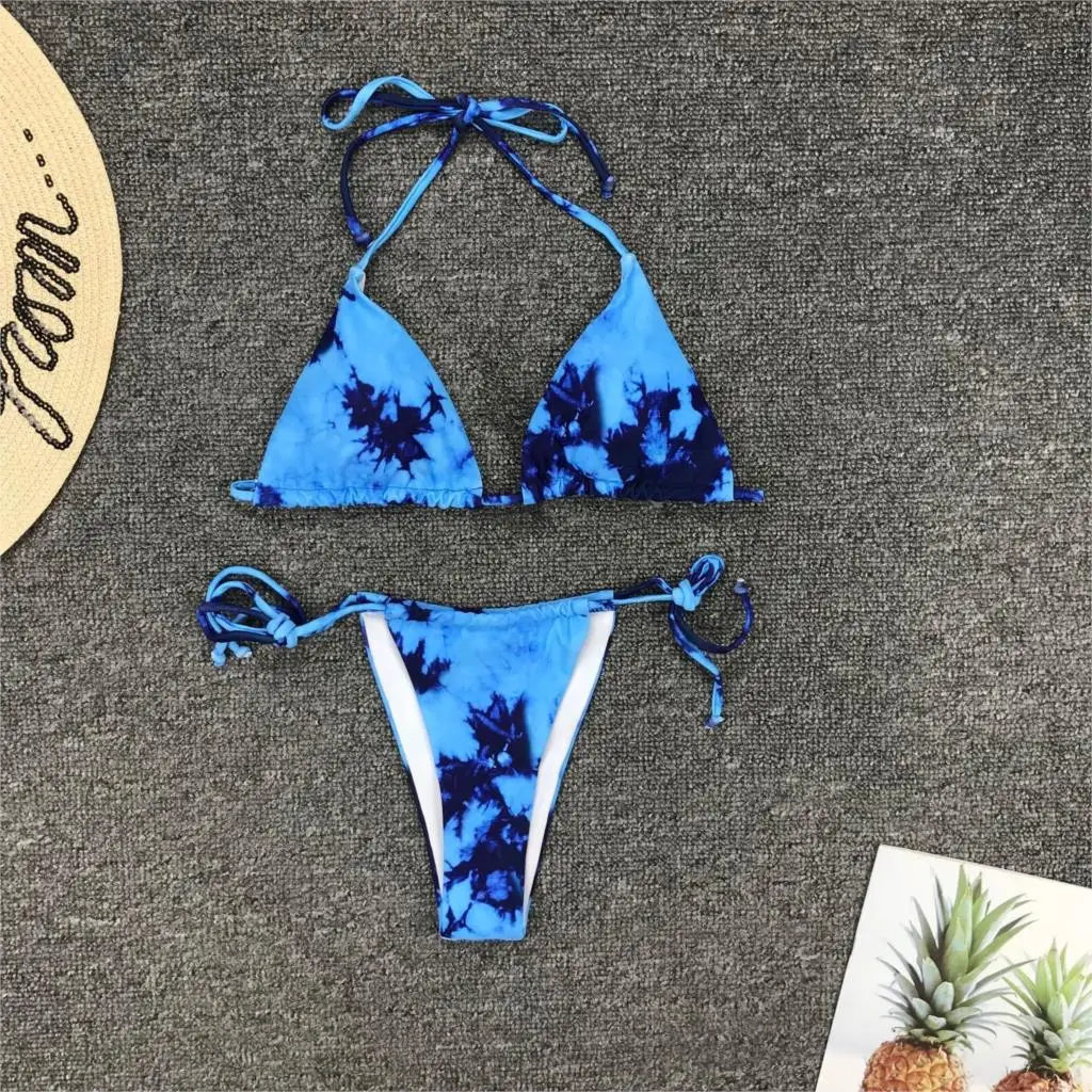 

Rendering print Beachwear Triangle Micro Bikini Women 2019 Strappy Sexy Two-piece Suit Halter Bather Swimsuit thong Swimwear New