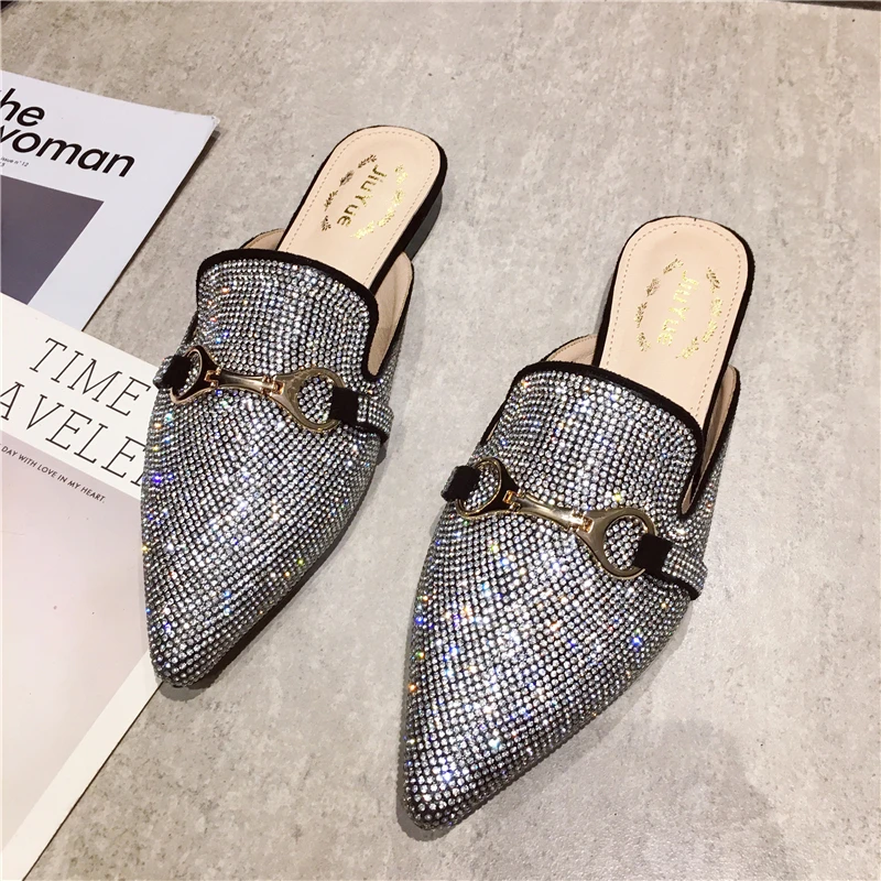 Женские шлепанцы на Плоском Каблуке с острым носком пряжкой и ремешком роскошные