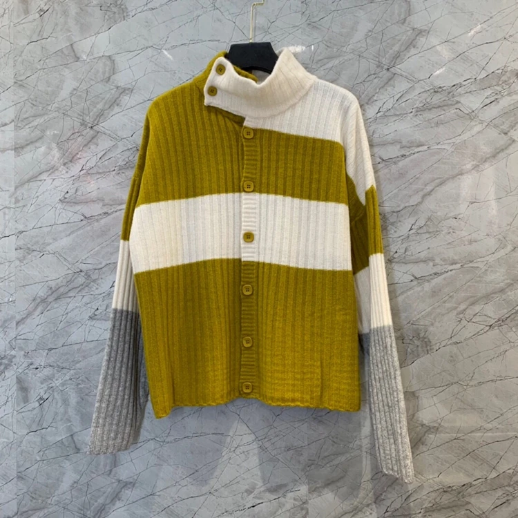 

2021 new women fashion color matching scarf high neck button decoration long-sleeved wild loose sweater 1031