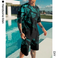 2021 summer new green square 3d print casual tracksuit mens suit short sleeve t shirt sports shorts 2 piece set
