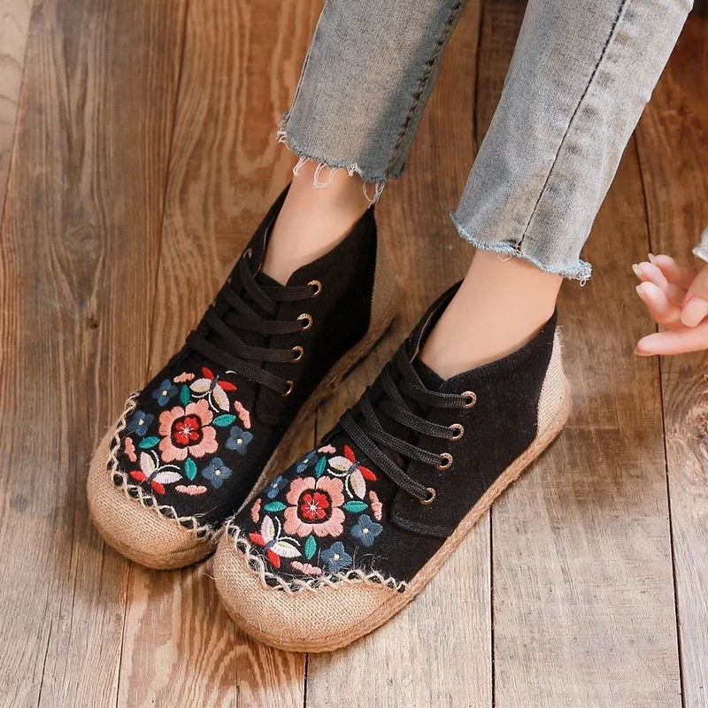

Spring Summer New Mid-cut Embroidered Shoes Ethnic Style Lace-up Thin Cotton Boots Casual Embroidered Embroidered Shoes Women