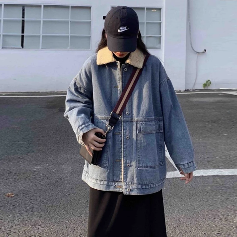 Женская джинсовая куртка Timis Li модная Повседневная теплая с воротником из