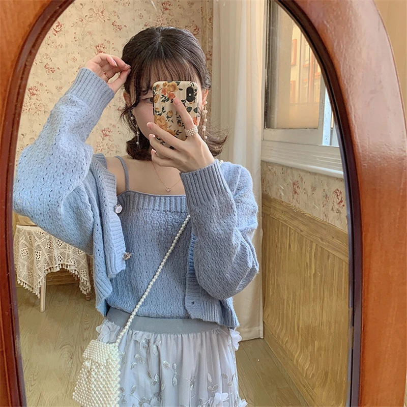 

Новый осенний кардиган, Женский однобортный Кардиган с длинным рукавом, свитер, комплект из двух предметов, короткий свитер, женская кофта, ...