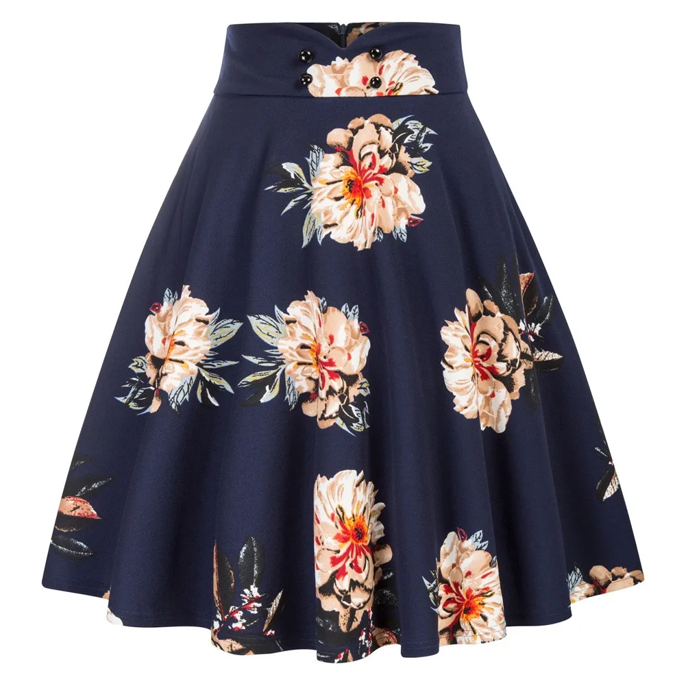 

Women Vintage Buttons Decorated Skirt High Waist Flared A-Line Skirt Knee Length Fashion Floral Printing Swing Skirts Ladies New