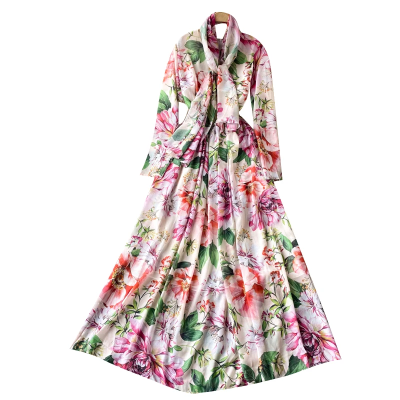 

is a large flower dress v-neck collar fairy long pleated pendulum cultivate morality show thin fashion dress