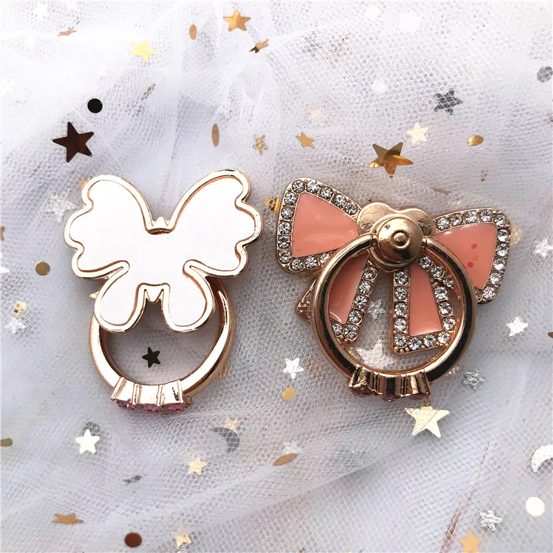 Металлическое кольцо-держатель для смартфона с розовым бантом и бабочкой |