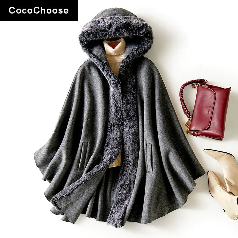 

Женское зимнее пончо из искусственного меха, свободная Стильная накидка цвета хаки и серого цвета с капюшоном, 2021