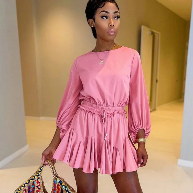 

Streetwear Summer Dress for Women Lantern Sleeve O-neck A-line Dress Ruffles Party Club Loose Casual Dresses Elegant Wholesale