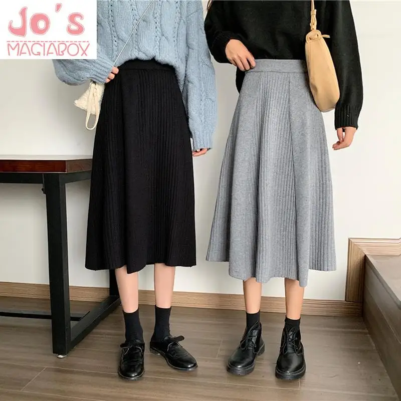 

Casual Korean Women Solid A-Line Skirt Winter Vintage Vogue Office Lady Empire Skirts Sweet Kawaii High Waist Mid-Calf Skirt