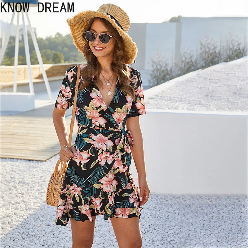 Узнайте мечта сексуальное платье с запахом и цветочным принтом на шнуровке со
