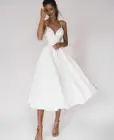 Женское атласное свадебное платье, элегантное короткое платье-трапеция до середины икры с V-образным вырезом и карманами, белое платье на молнии сзади, реальные фотографии