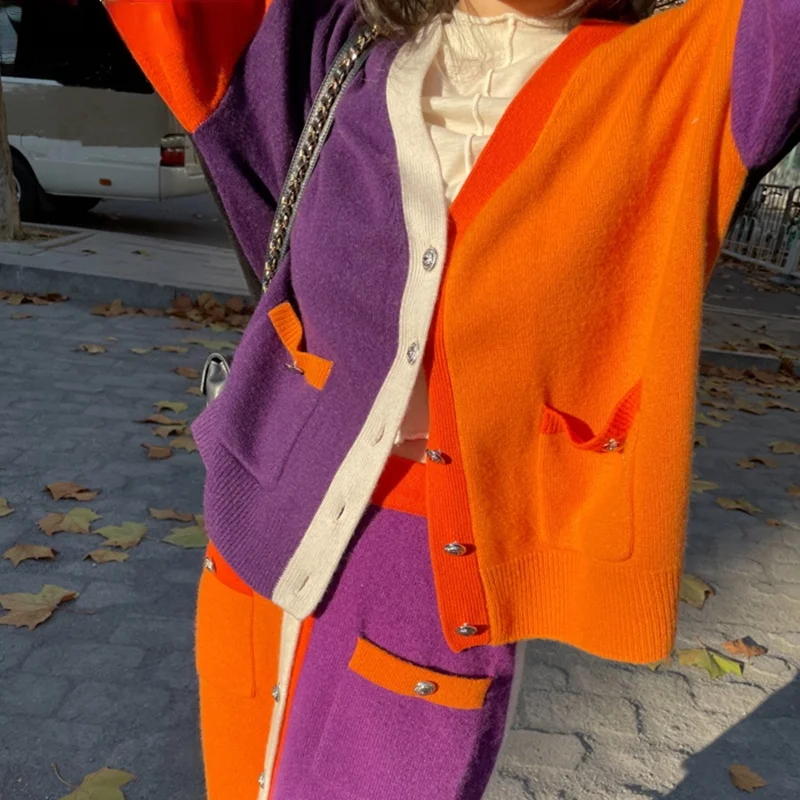 

New Autumn Winter Two Piece Set Women Contrast Color Patchwork Cardigan + Midi Skirts Vintage Elegant Suits Female Tracksuit