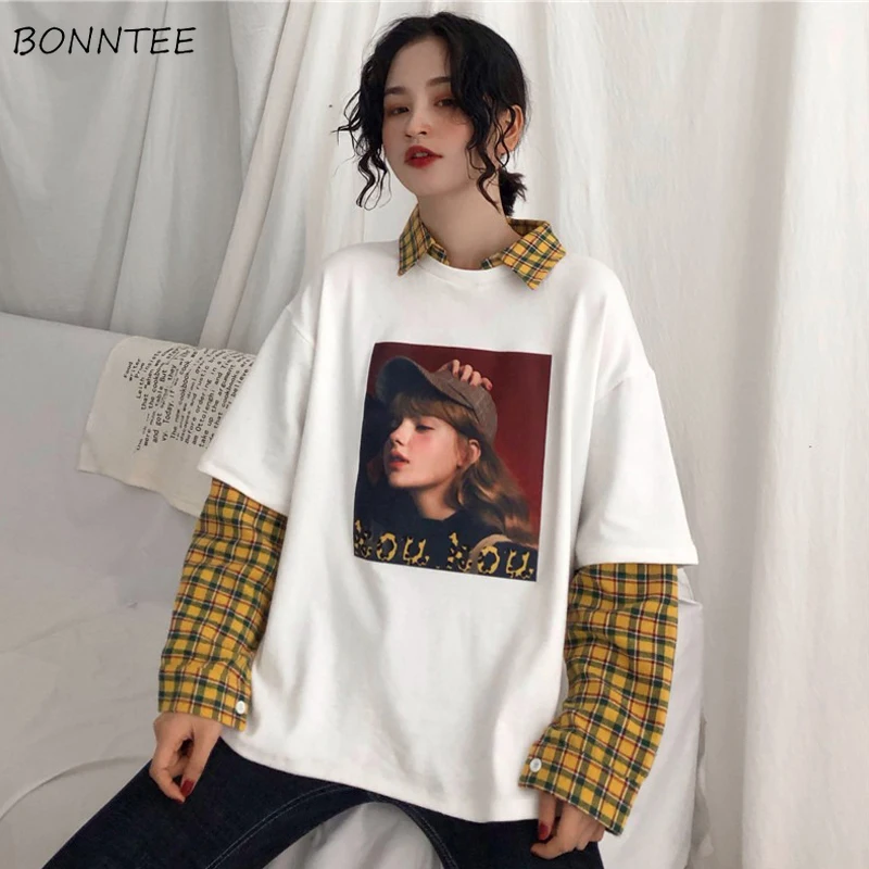 Толстовки женские в стиле пэчворк простые элегантные свободные худи клетку