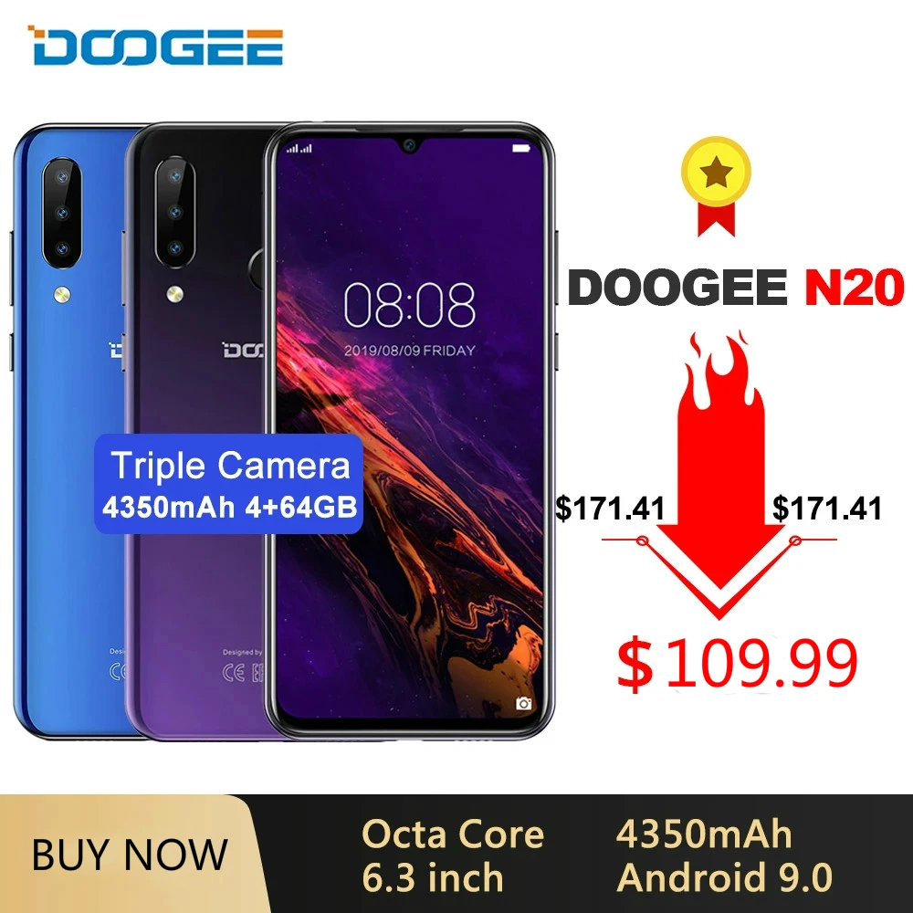 

DOOGEE N20 Mobilephone Fingerprint 6.3 inch FHD+ Display 16MP Triple Back Camera 64GB 4GB MT6763 Octa Core 4350mAh LTE Cellphone