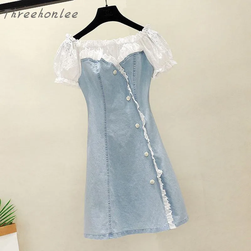 

2021 Summer New Fashion Lace One Shoulder Patchwork Denim Casual Dress With A-line Short Skirt