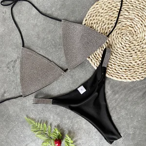 Сексуальное микро блестящее бикини со стразами 2020, женский купальник-бандо, женский купальник с лямкой на шее, комплект бикини стразы, Бразильский купальный костюм