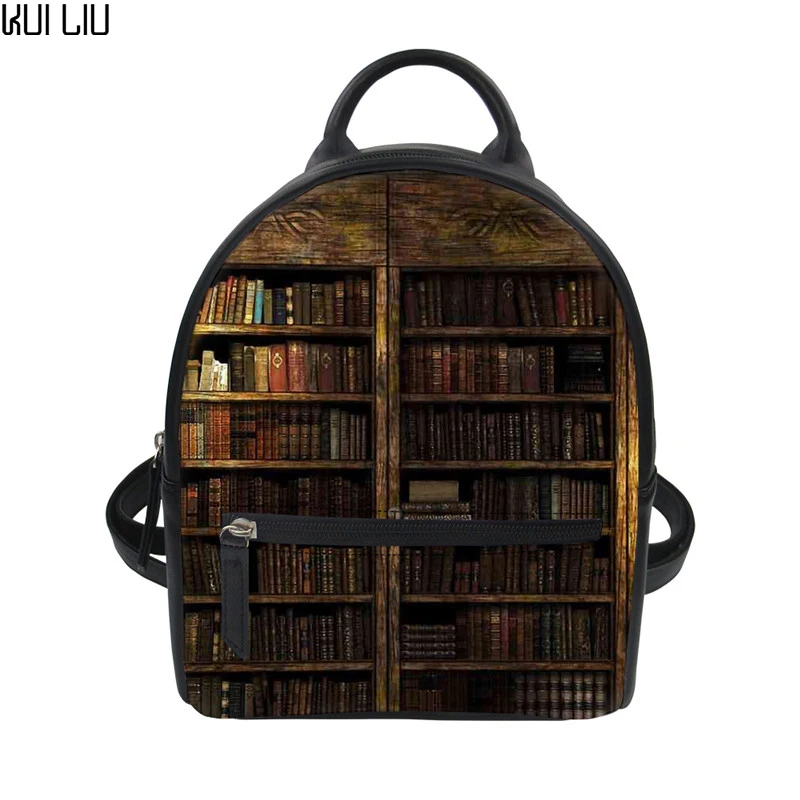 

Дорожный женский винтажный мини-рюкзак Kui Liu, милый рюкзак с принтом в виде книжной полки и спящего кота из искусственной кожи, рюкзак на плеч...