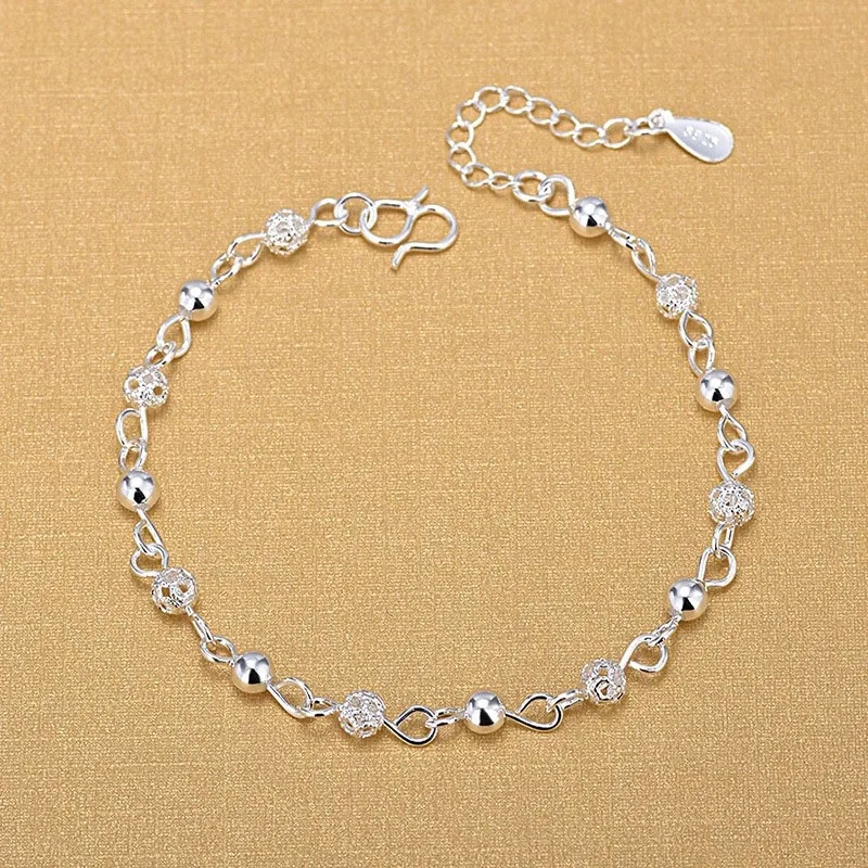 Real Silver Anklets 925 Fashion Silver Jewelry Hollow Beads Anklet for Women Girls Friend Foot Barefoot Leg Jewelry Gifts