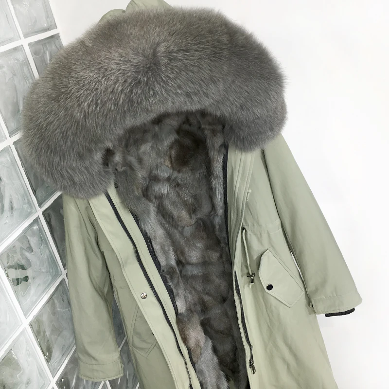 Plus Size Real Fur Coat Waterproof Parka Mujer Winter Jacket Women Natural Fox Fur Collar Liner Hood Thick Warm Outerwear Hat - Color: MiddleLongMatchaGree