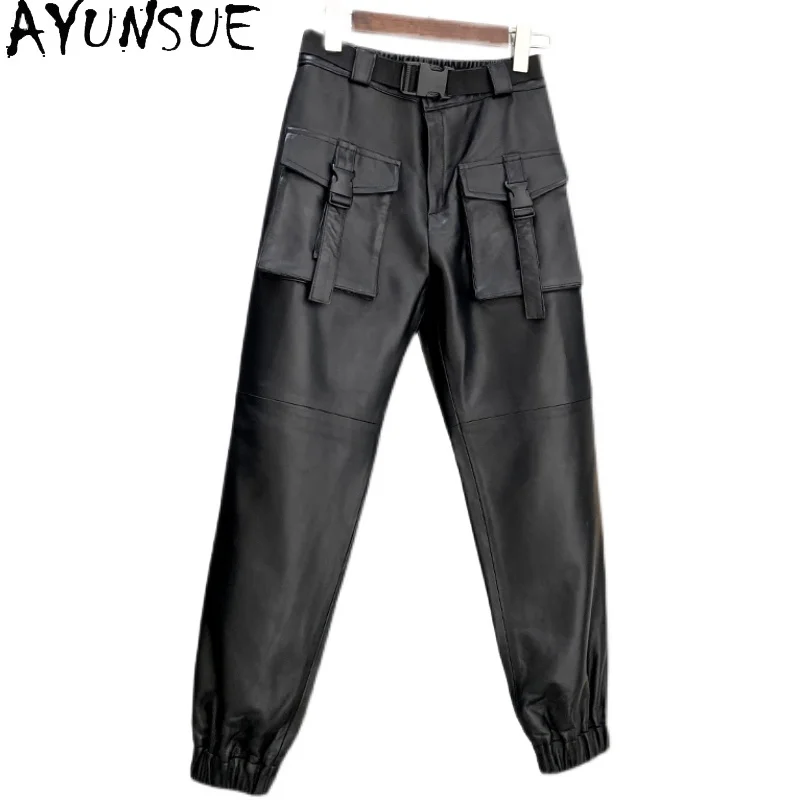 

Real Sheepskin Leather Pants Female Korean Fashion Cargo Pants Women Black Trousers Spring Pantalones De Mujer
