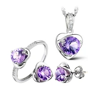 heart shape setting cubic zirconia necklace earrings rings sets white and purple color party jewelry sets for women