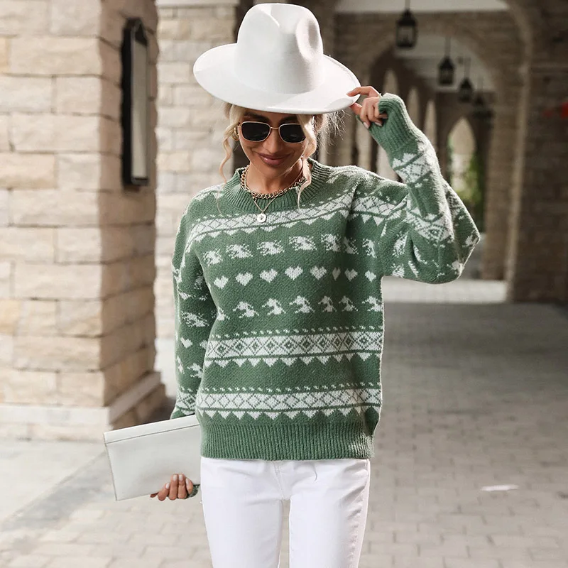 2021 fall/winter new loose turtleneck green Christmas sweater woman