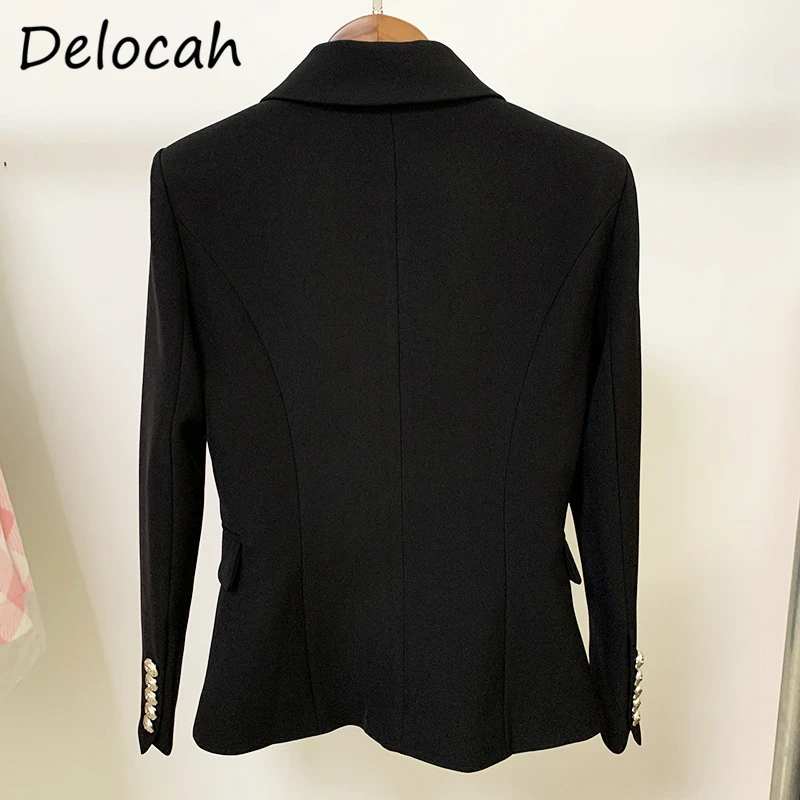 

Delocah Autumn Women Fashion RunwayShort Jacket Double Breasted Long Sleeve Crystal Beading Black Printed Slim Ladies Coats