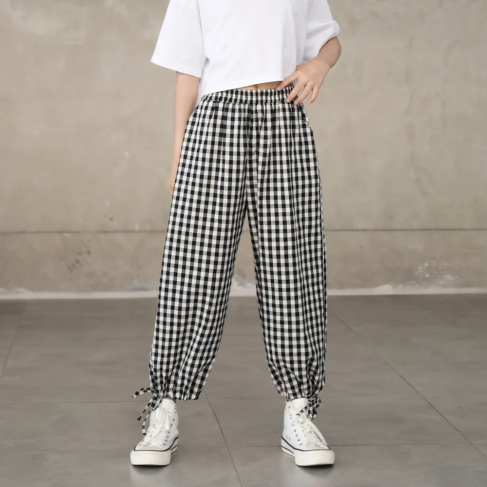 

Lantern Girls Summer Pants 2022 Japan Korea Hip-hop Kids Clothes Anti-mosquito Sports Casual Trousers Black White Plaid,#6335