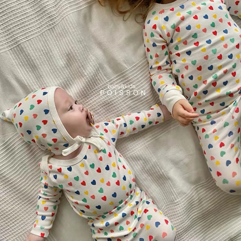 Engepapa impresi&oacute;n amor beb&eacute; reci&eacute;n nacido camisa de manga larga + polainas 2 uds de algod&oacute;n suave dulce pijamas ropa de entre Casa ropa infantil ropa-4