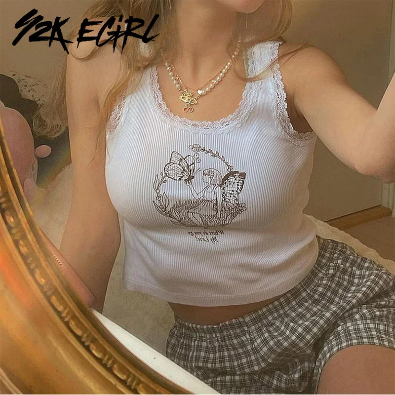 

Y2K EGIRL Cute Vintage Graphic Print Lace Trim Crop Tops Y2K Streetwear Sleeveless Ribbed Baby Tanks E-girl Summer Tops Fashion