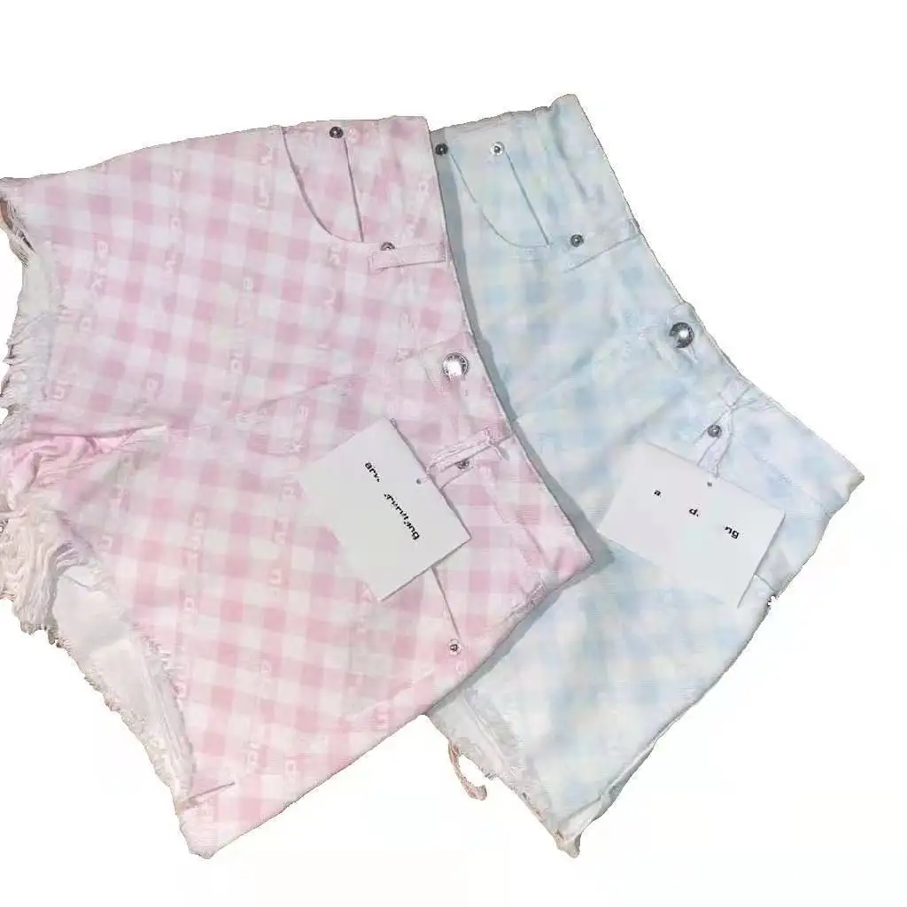 

2021 Alexander Summer AW Big King's Pink Blue Denim Shorts Fully Printed Letters Checked Raw Edge Hot Pants Printed Logo