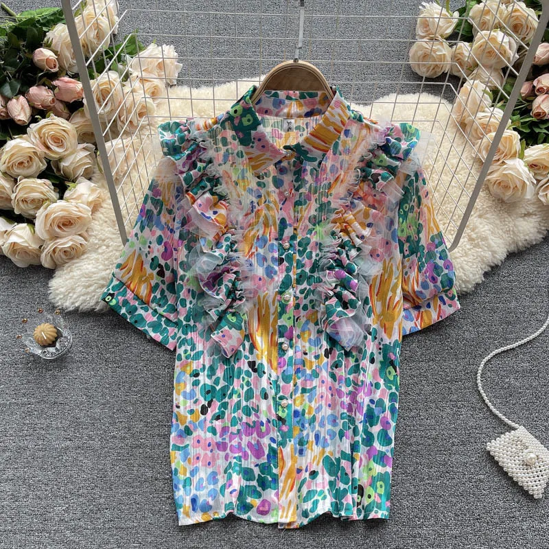 

2021 Summer New Short Sleeve Shirt Women Loose Mesh Lace Patch Floral Print Chiffon Blouse Girls Lady's All-Match Tops Blusas