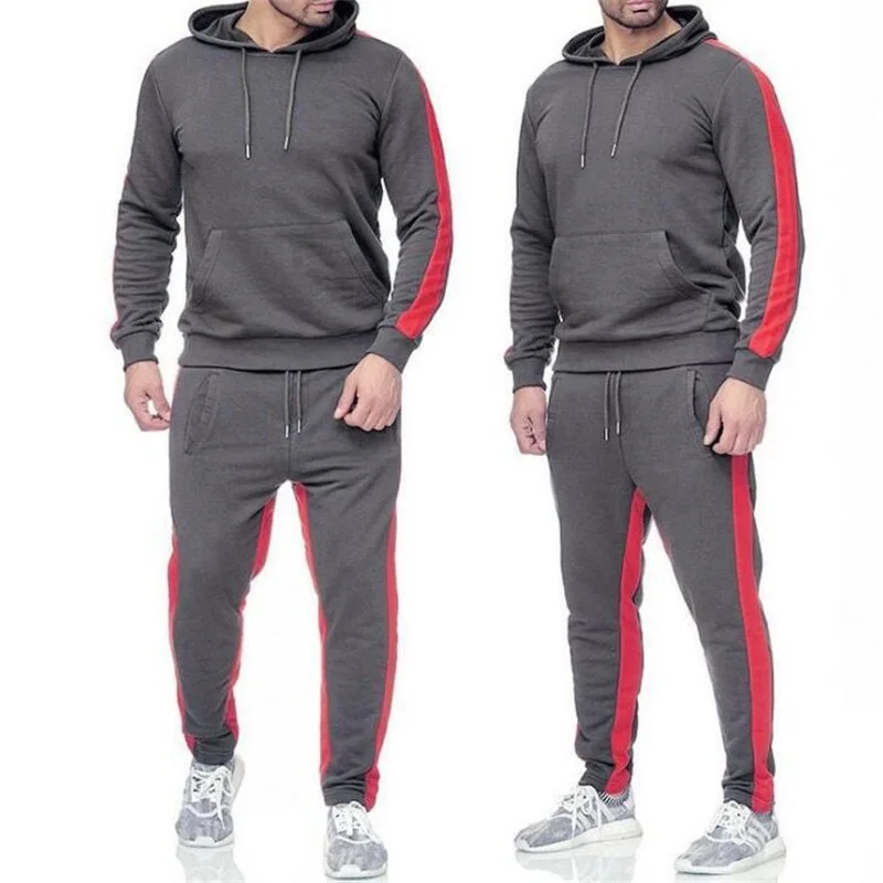 

2 Pieces Sets Tracksuit Men New Brand Autumn Winter Hooded Sweatshirt +Drawstring Pants Male Stripe Patchwork Hoodies Bigsweety