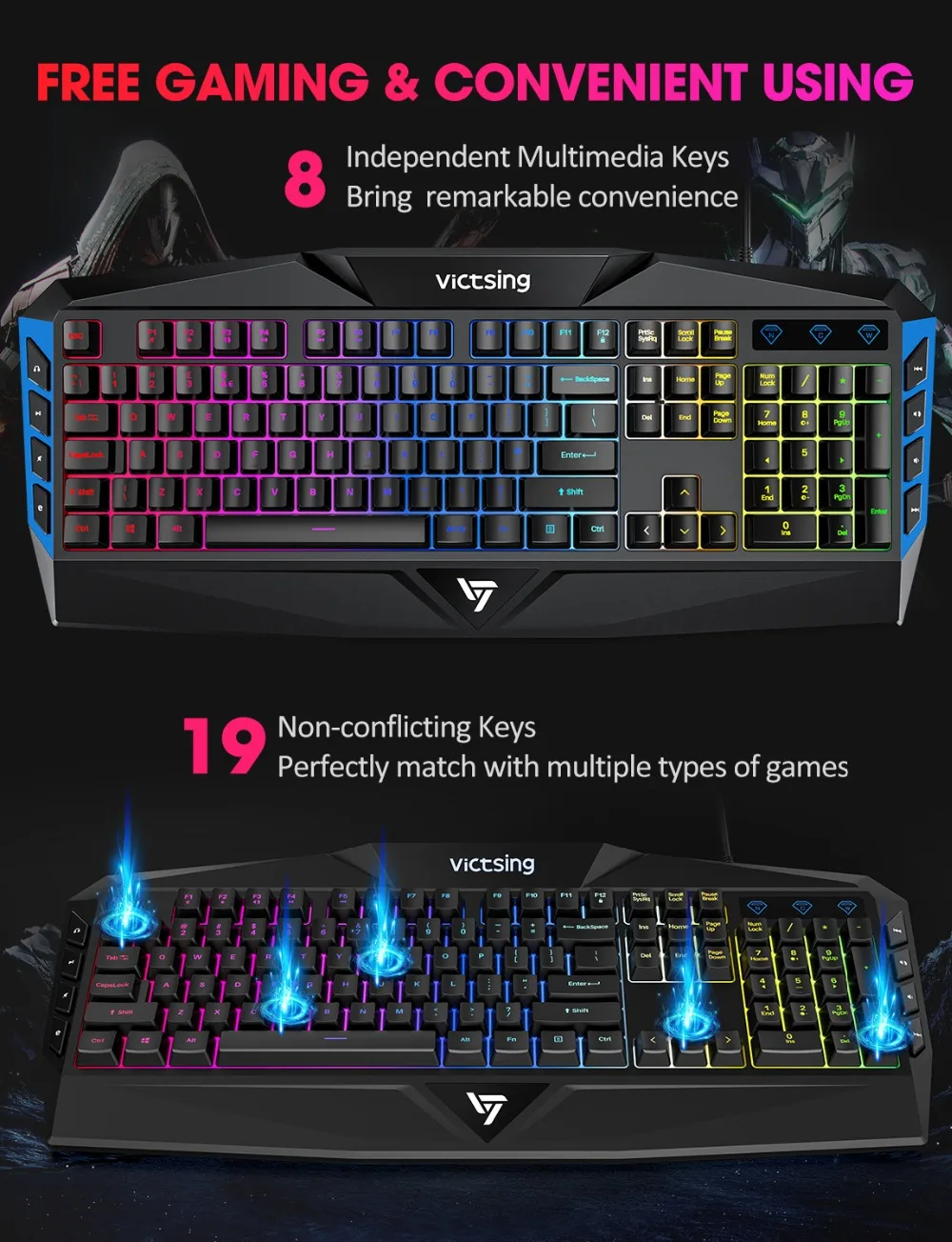 Оригинальная игровая клавиатура VicTsing PC225, RGB клавиатура с подсветкой, эргономичный дизайн, механическое ощущение, 19 ключей против привидений, 8 мультимедийных клавиш, проводная usb-клавиатура для геймера, ноутбука, компьютера