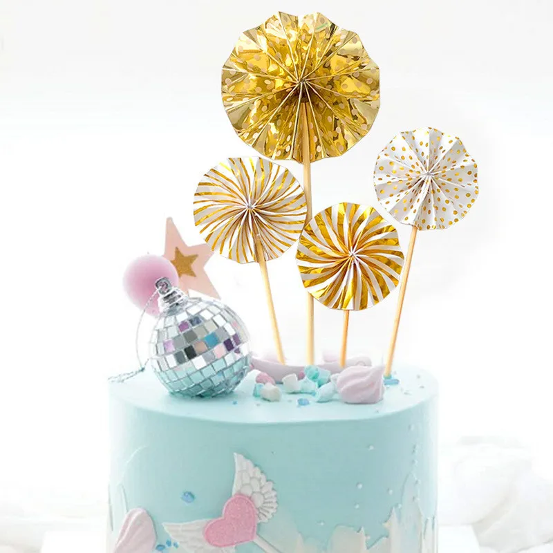 

Instagram style Gold silver pink folding fan flower paper fan flower birthday cake card plug-in party cake decoration