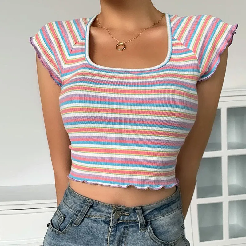 Женский укороченный топ в радужную полоску Повседневная Клубная футболка с