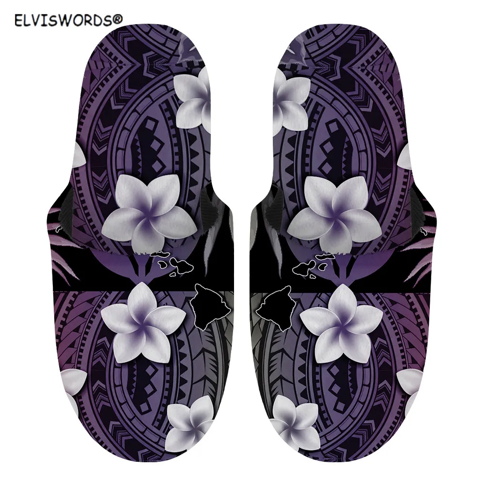 

ELVISWORDS Polynesian Tribal Hibiscus Design Comfortable Ladies Indoor Floor Slippers Stylish Soft Women's House Flannel Slides