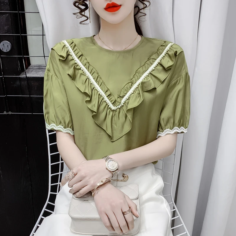 

Chiffon Slim Women's Blouses New Casual Blouse Beaded Solid Color O Collar Pullover Shirt Summer Fashion Short Sleeve Top 30026