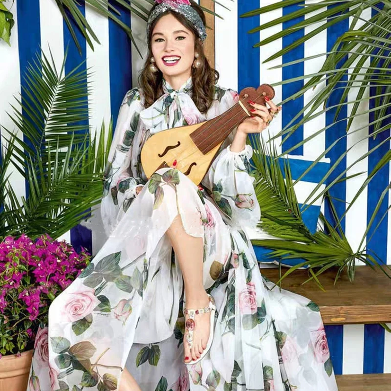 

Summer Fashion Runway Boho Maxi Dresses Women's Long Sleeve Bow Neck Elastic Waist Print Holiday Elegant Party Long Dress