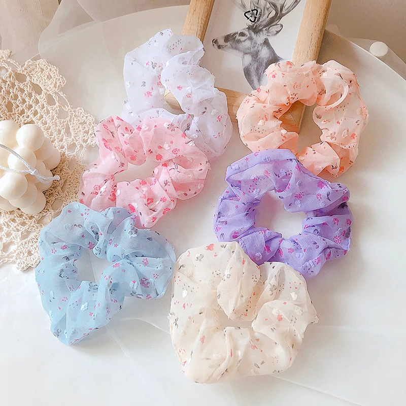 

2021 New Chiffon Floral Scrunchies Ponytail Holder Hair Ties Flower Print Elastic Hair Rubber Band Sweet Hair Accessories