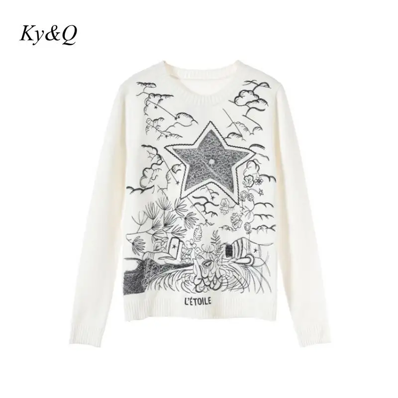 Брендовый дизайнерский женский Рождественский зимний Роскошный бежевый пуловер с вышивкой в виде пентаграммы свободный винтажный Топ свитер новая одежда