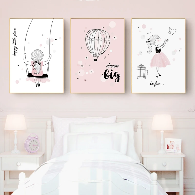 Розовая мультяшная девушка холст постер Птицы Детская настенная живопись