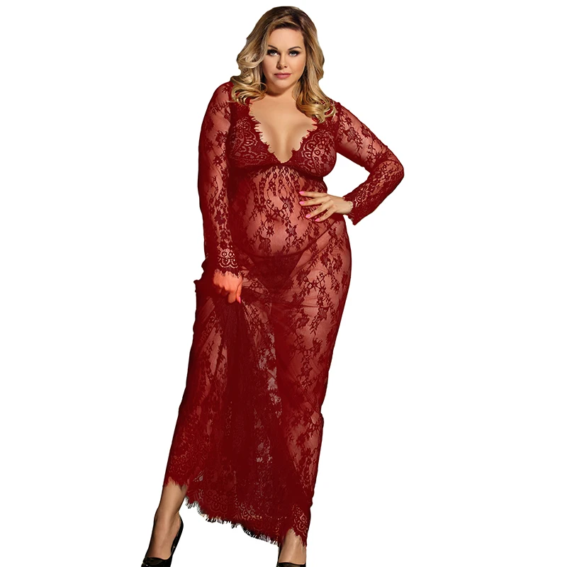 Red Baby doll mujer Сексуальное эротическое платье макси с кружевными цветами, женские халаты, одежда для сна с длинными рукавами, прозрачная Свадебная Эротичная Ночная сорочка, нижнее белье 80497 - Цвет: Red Baby doll mujer