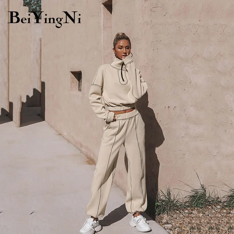 Beiyingni-chándal holgado informal Vintage para mujer, conjunto de dos piezas formado por Sudadera corta y pantalones de chándal, ropa deportiva