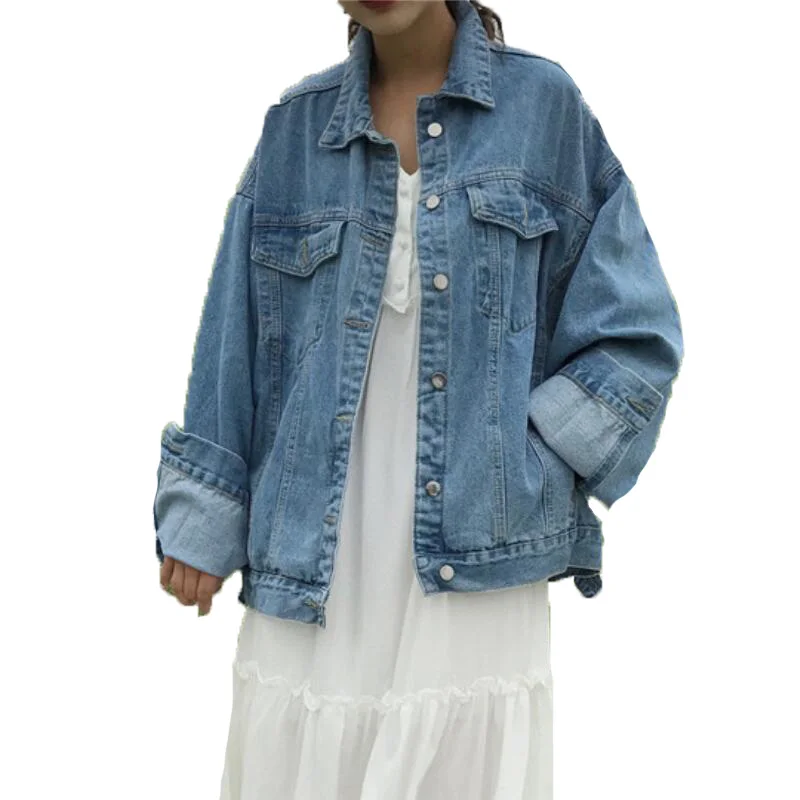 

Синие джинсовые пальто и куртки для женщин, весна-осень, Повседневная Свободная джинсовая куртка с длинным рукавом, Женская винтажная Корей...
