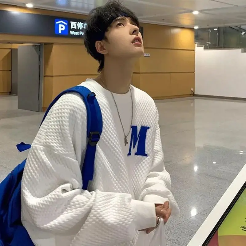 

Waffle Sweatshirt Men Spring-autumn O-neck Korean Fashion Pullover Male Streetwear Loose Letter Embroidery Aesthetic Top Clothes