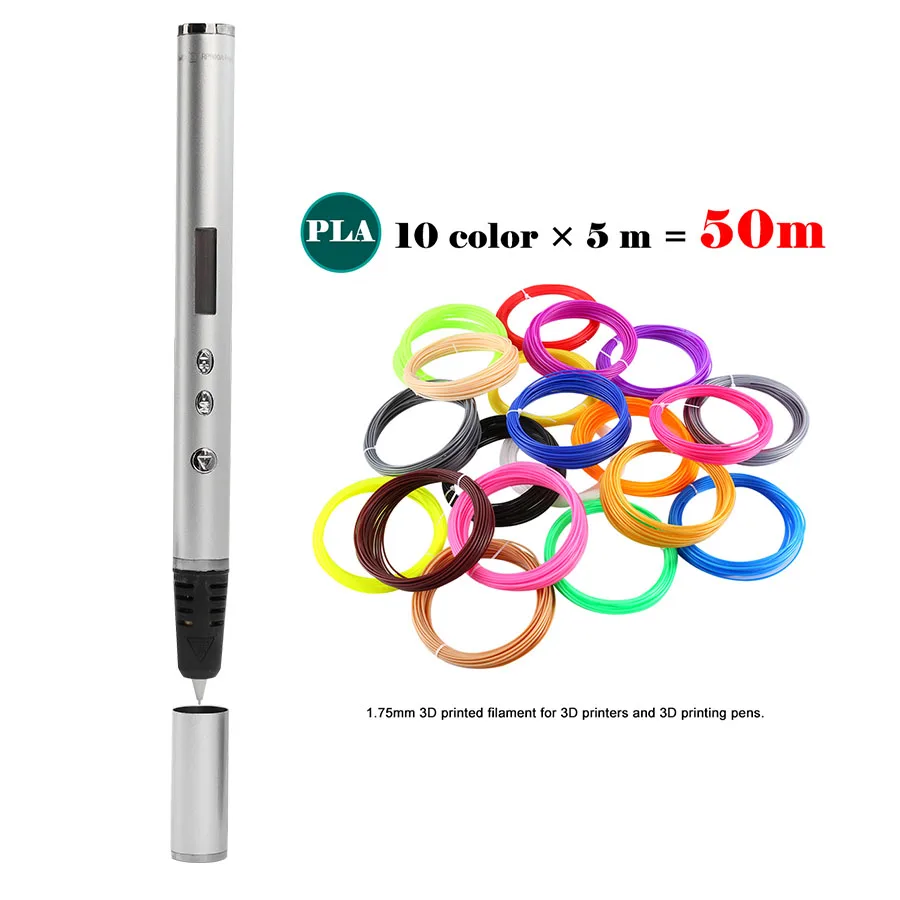 Silver-50M PLA Новая горячая RP900A 3D Ручка Самая тонкая DIY 3D печать Ручка в мире креативная игрушка подарок рождественские подарки для детей - Цвет: Silver-50M PLA